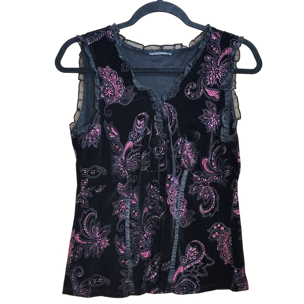 Vintage Y2K Velvet Tank Women M/L Black Pink Sparkle Whimsigoth Witch Corset